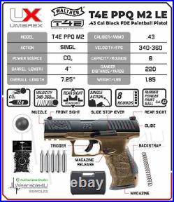 Umarex T4E Walther PPQ M2.43 Cal FDE Paintball Pistol with100 Rubber Balls & CO2